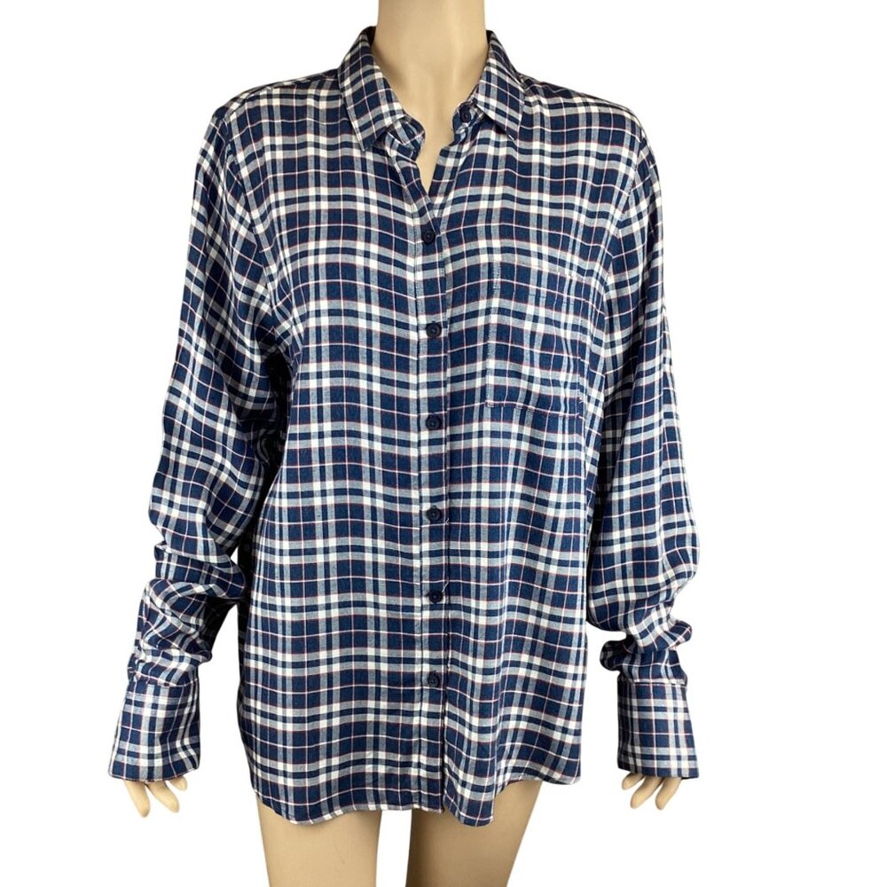 Beachlunchlounge Womens Shirt Size Large Blue & White‎ Plaid Button-Up Shirt